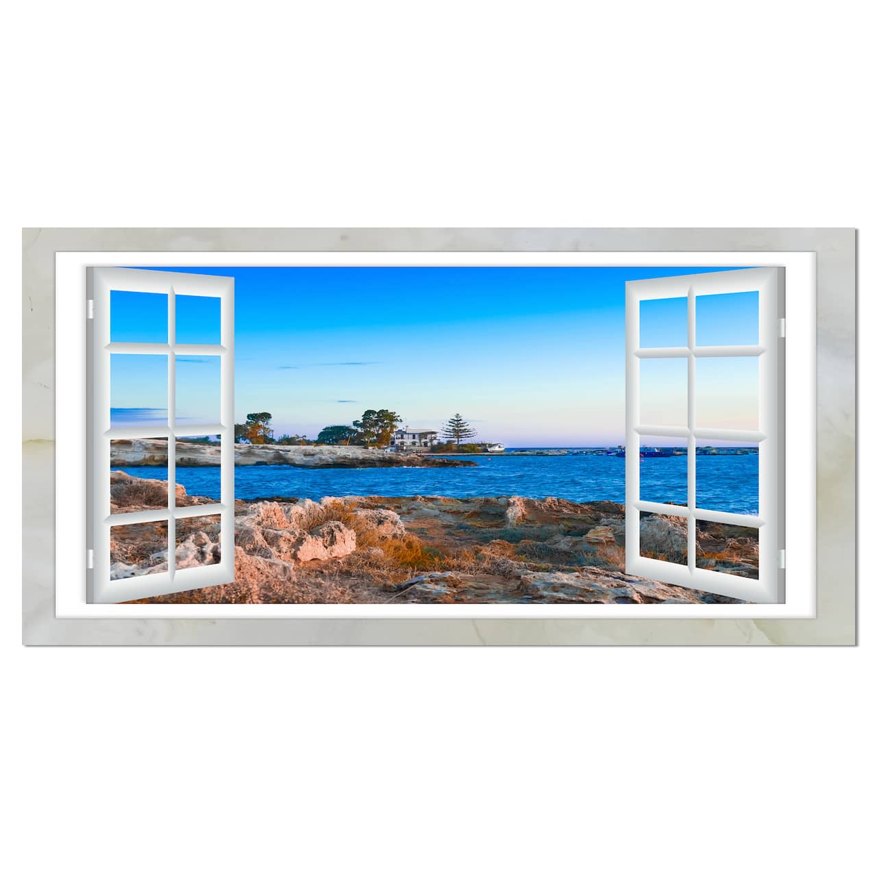 Designart - Open Window to Blue Seashore - Oversized Landscape Wall Art Print